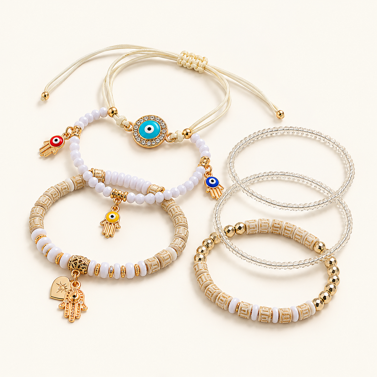Women's Multi-Part Bracelet Set with Hamsa, Eye, and Charm Details