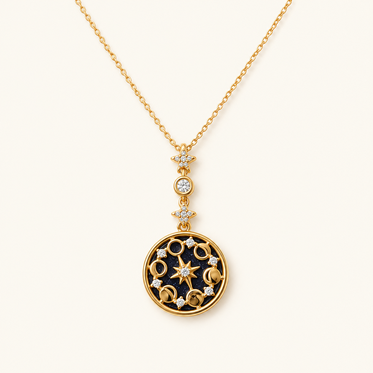 Women’s Moon Phases Necklace with Round Pendant and Star Motif