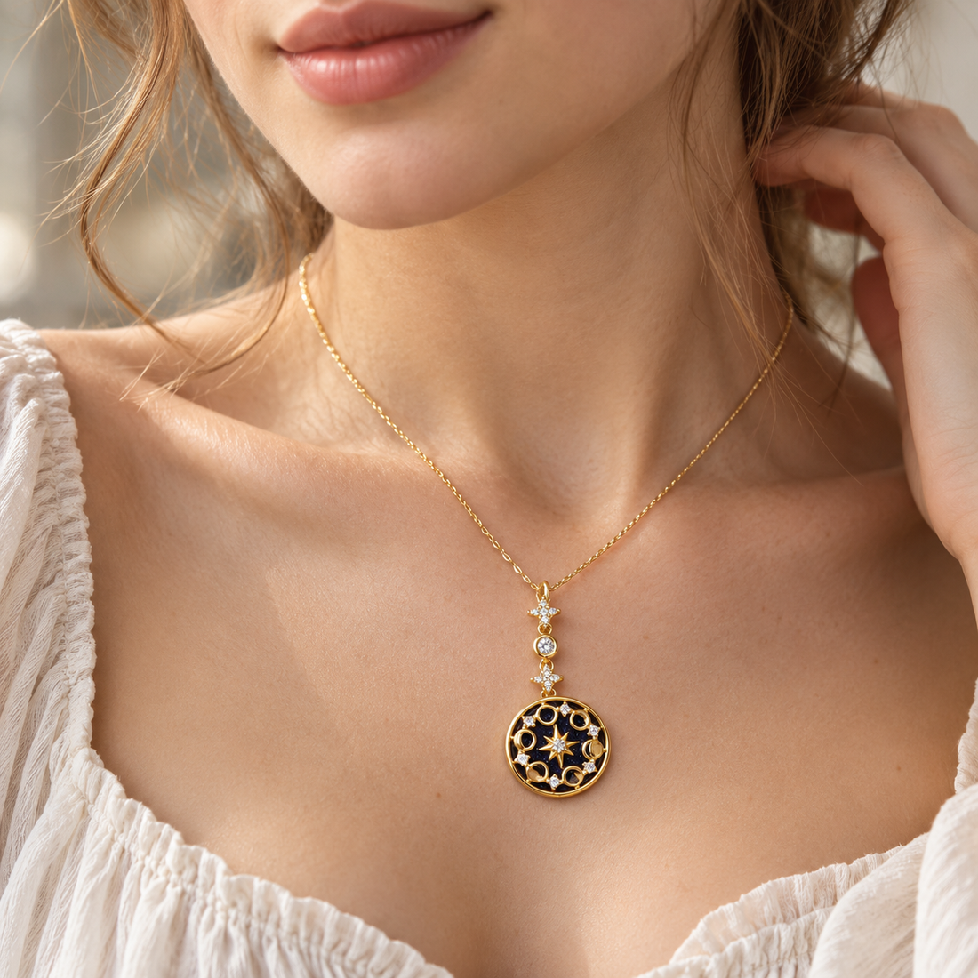 Women’s Moon Phases Necklace with Round Pendant and Star Motif