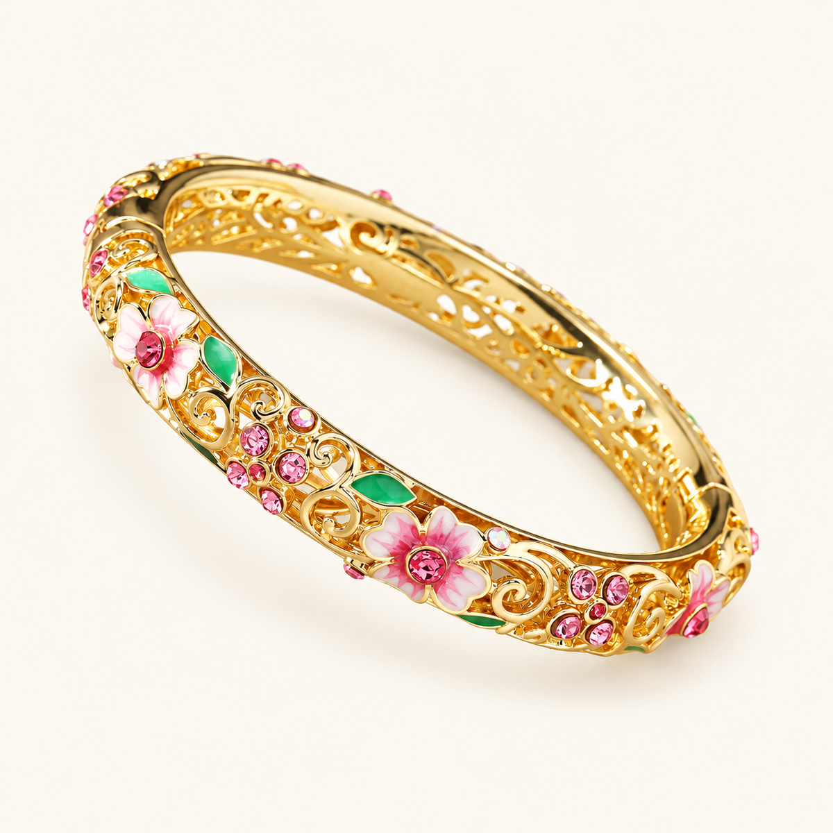 Women's Open Flower Bracelet with Enamel Details and Stone Accents