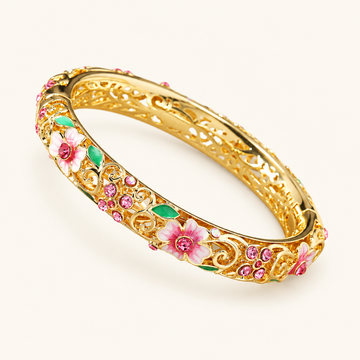 Women's Open Flower Bracelet with Enamel Details and Stone Accents