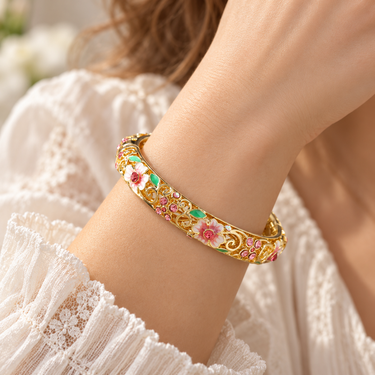 Women's Open Flower Bracelet with Enamel Details and Stone Accents