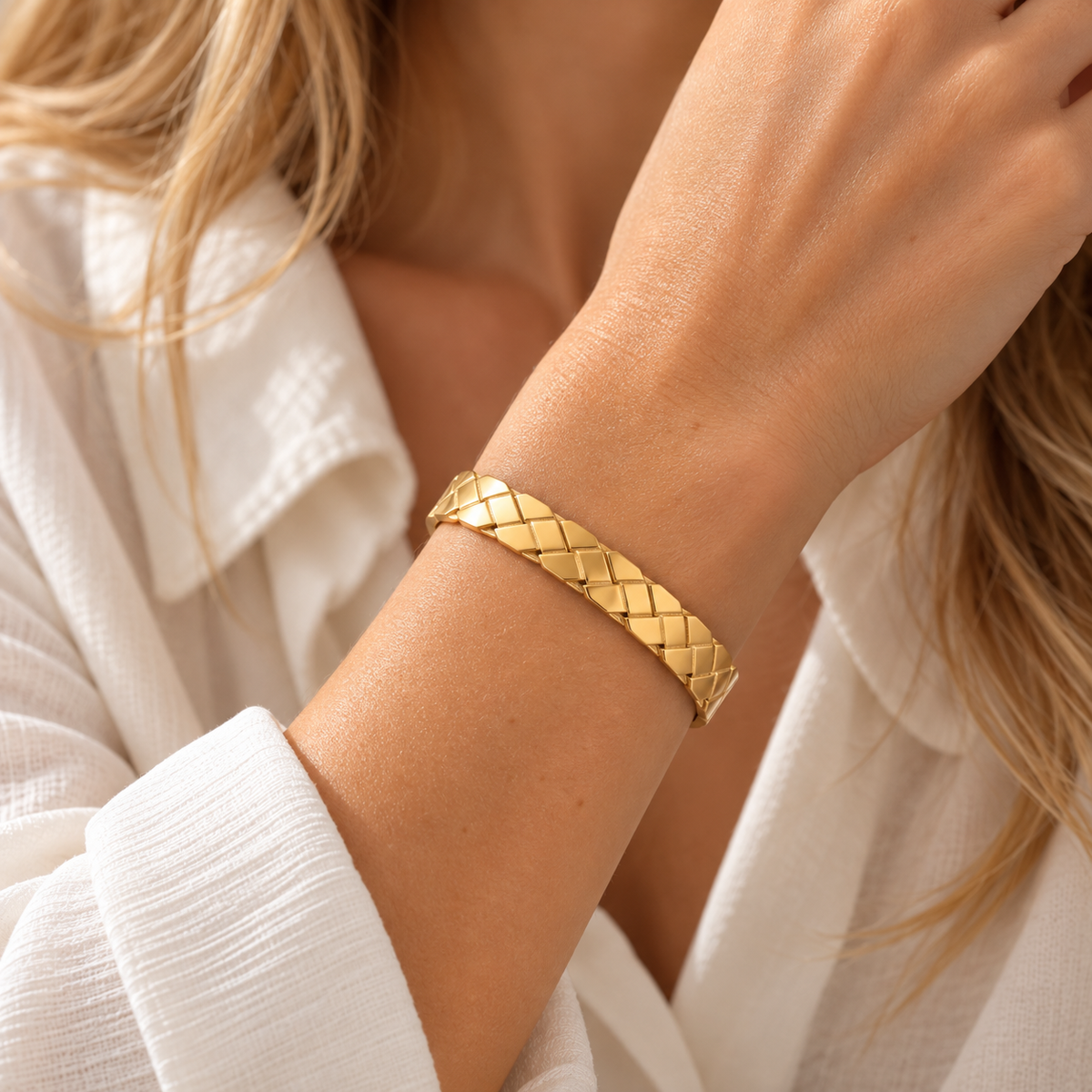 Women’s Open Bracelet with Braided Chevron Design