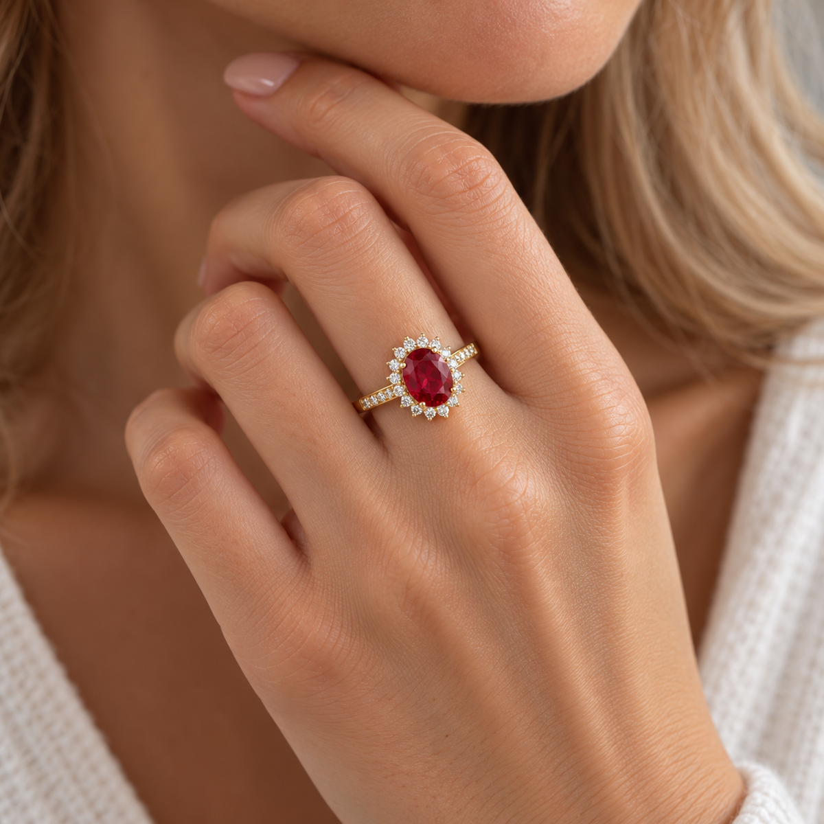Women’s Ring with Oval Garnet Center Stone and Halo Stone Setting