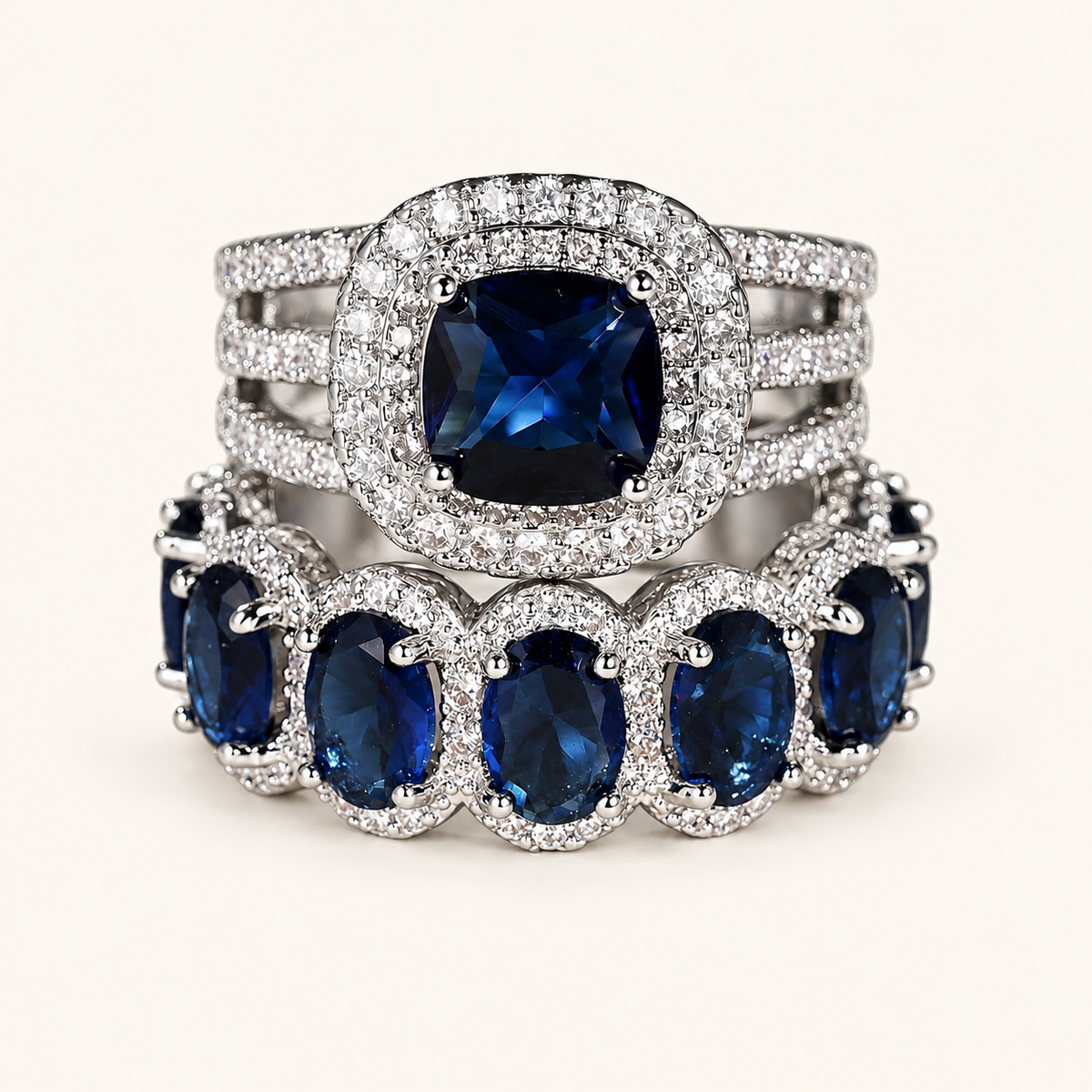Women’s Stacking Ring Set with Halo Center Stone and Multi-Row Design
