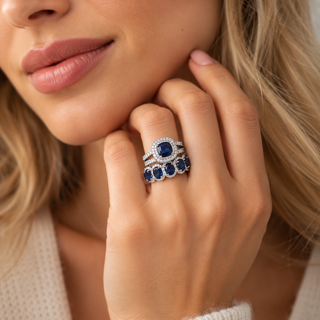 Women’s Stacking Ring Set with Halo Center Stone and Multi-Row Design