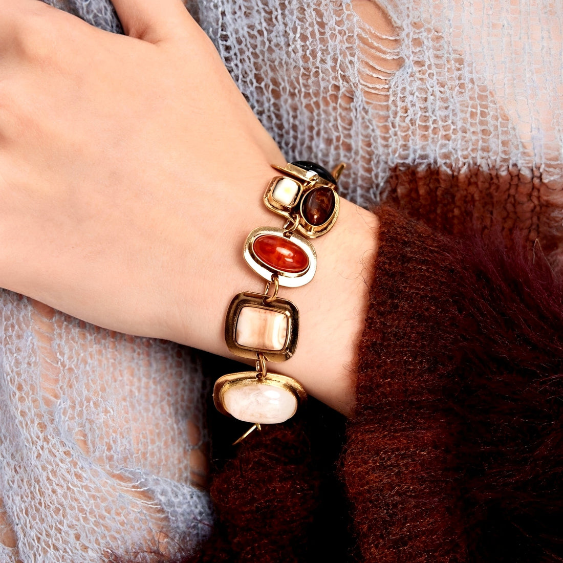 Women's Statement Bracelet with Mixed Natural Stone Elements and Geometric Settings