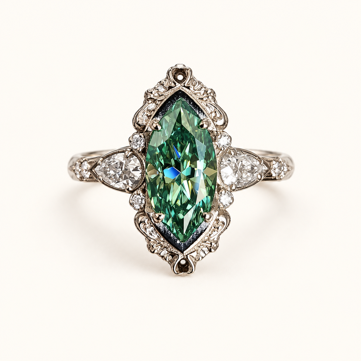 Women's Statement Ring with Marquise Center Stone and Floral Frame