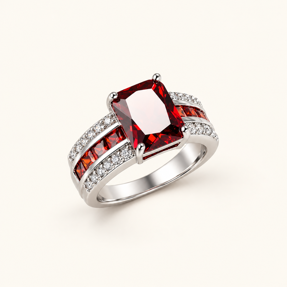 Women’s Statement Ring with Rectangular Center Piece and Multi-Row Stone Setting