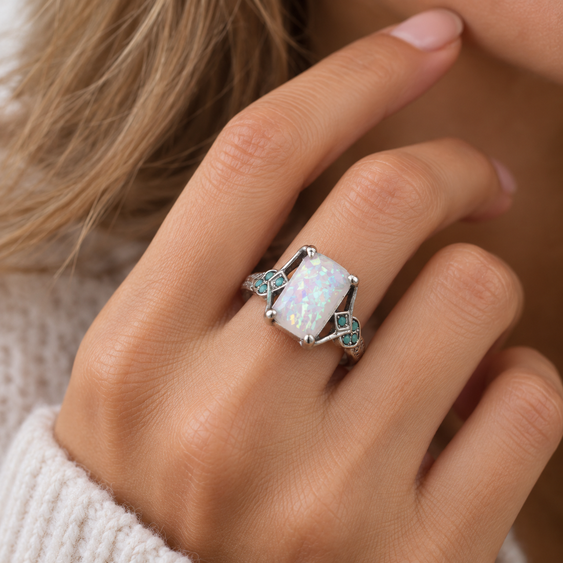 Women's Statement Ring with Irregular Center Stone and Floral Side Details