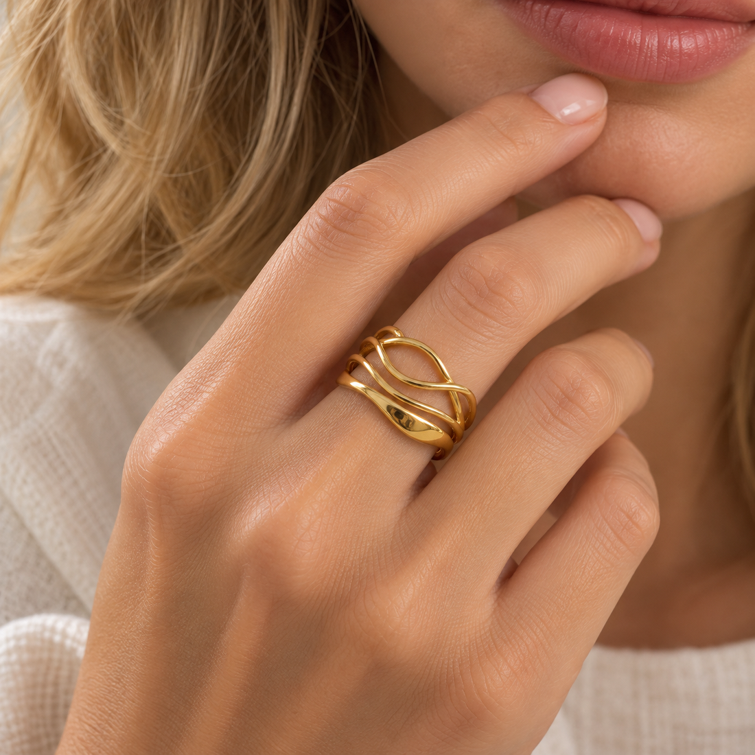 Women’s Adjustable Open Ring with Multi-Row Wave Design