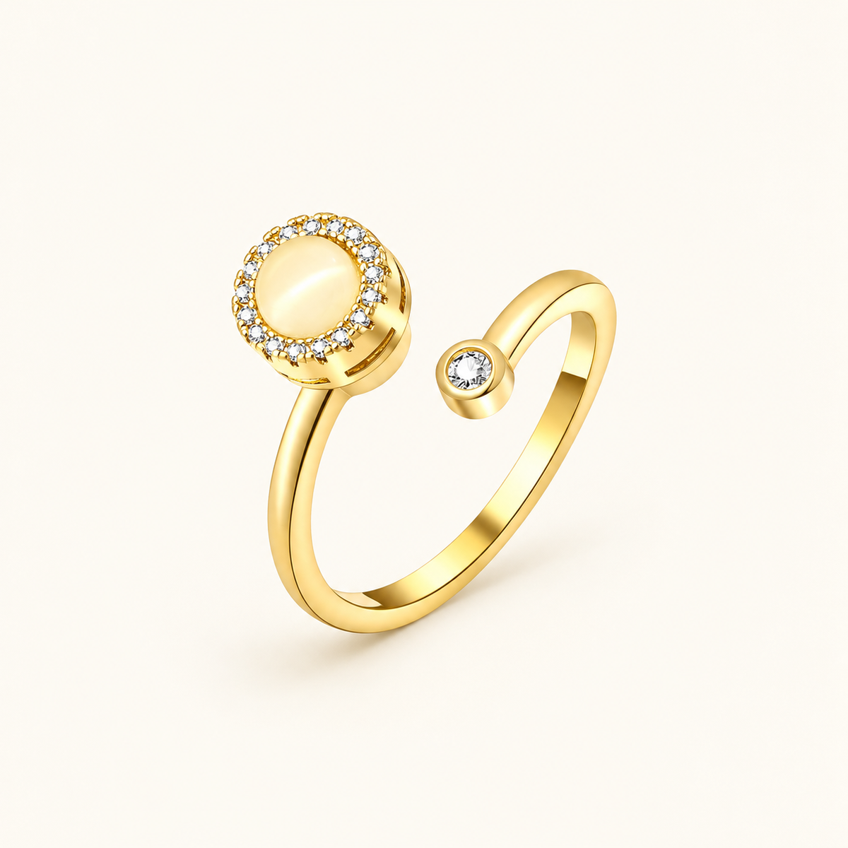 Women’s Adjustable Open Ring with Round Center Piece and Stone Set Frame