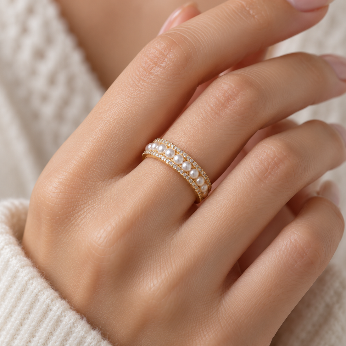 Women's Adjustable Ring with Open Design, Pearl Detail and Stone Embellishment