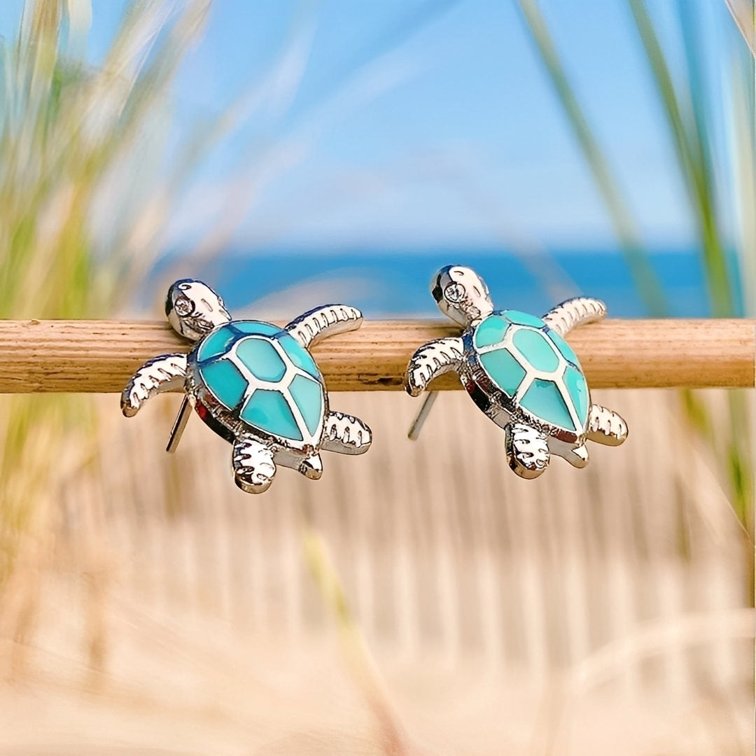 Marina – Earrings with a Silver and Opal Sea Turtle