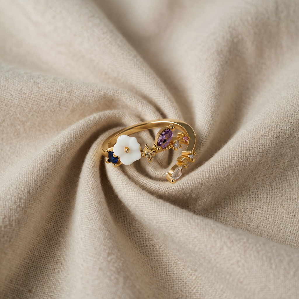 Women's Adjustable Open Ring with Floral Motif and Stone Accents