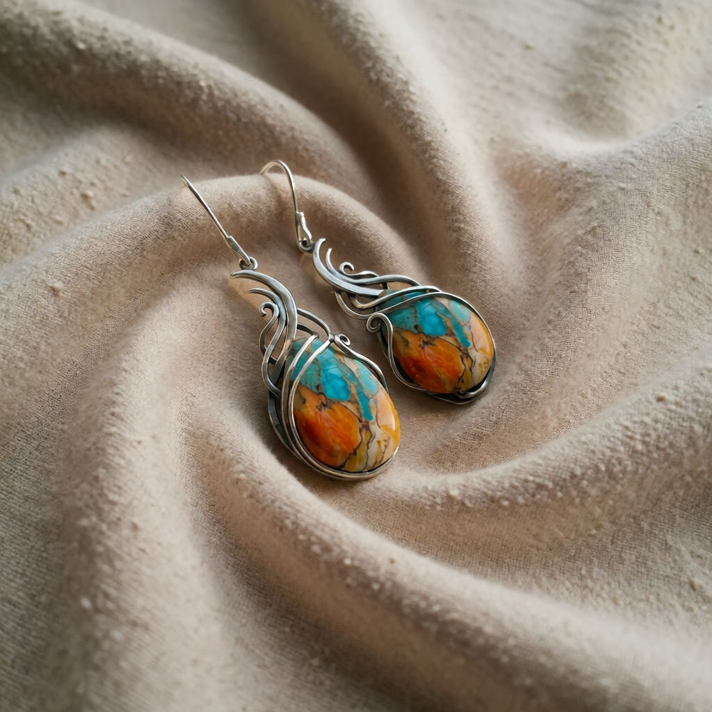 Women's Drop Earrings with Oval Stones and Curved Flame Design