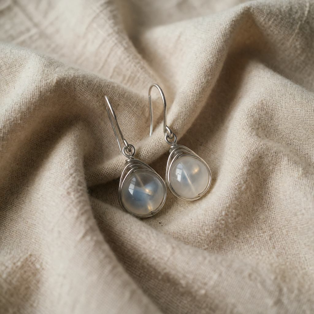 Women's Drop Earrings with Moonstone Cabochons and Teardrop Shape