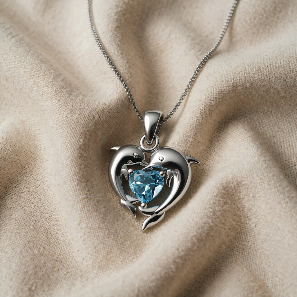 Women's Pendant Necklace with Dolphin Heart Motif and Faceted Heart Detail