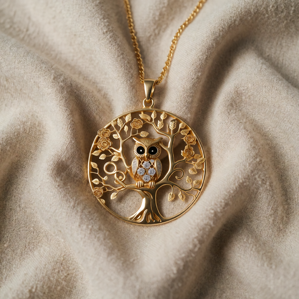 Women's Pendant Necklace with Tree of Life and Owl Motif