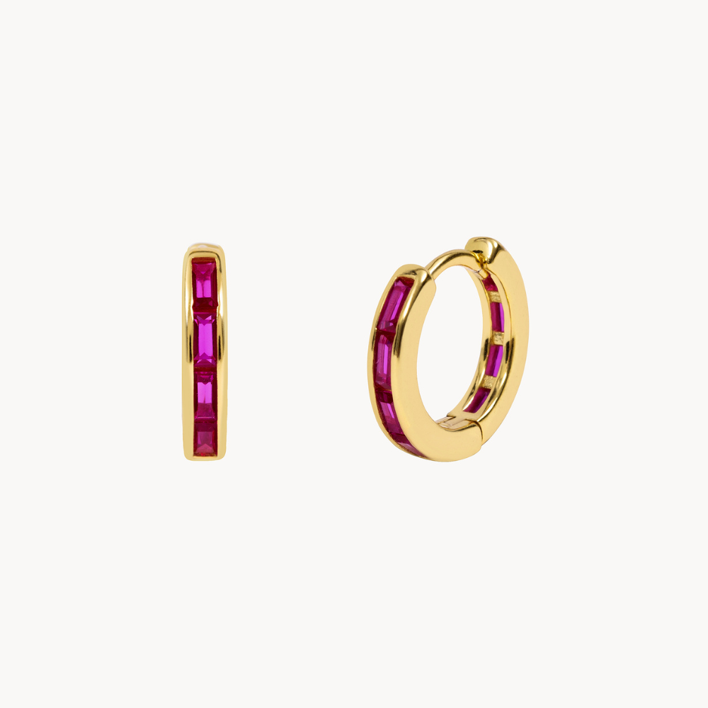 Women’s Hoop Earrings with Baguette-Shaped Stone Accents and Slim Design