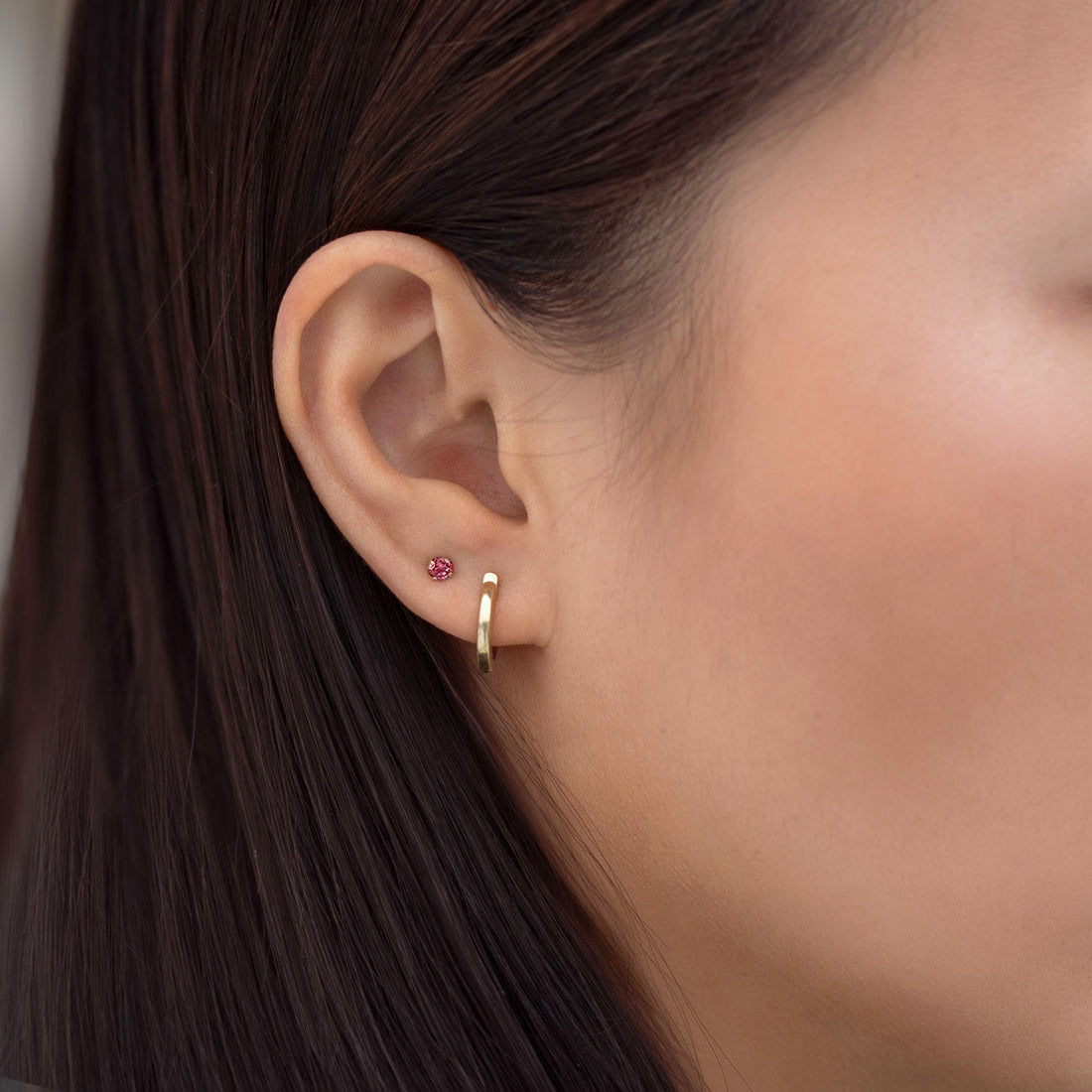 Tiny Stud Earrings with Birthstone (Ruby)