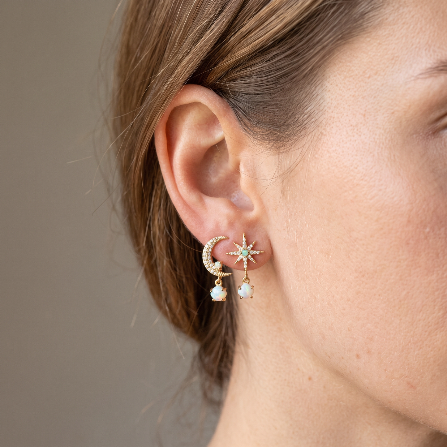 Carol – Golden and Opal Moon and Star Earrings