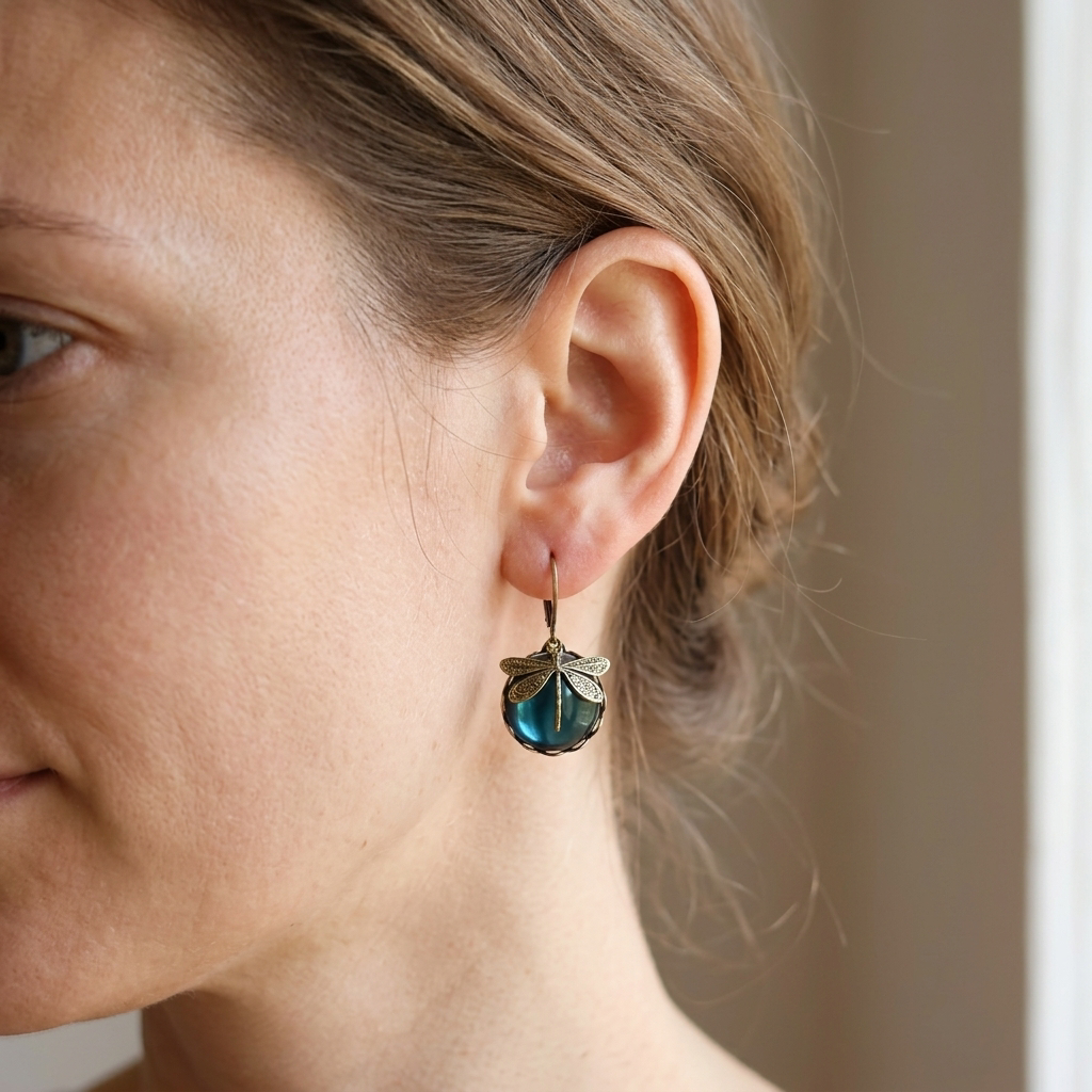 Elandra – Round dragonfly earrings in antique gold