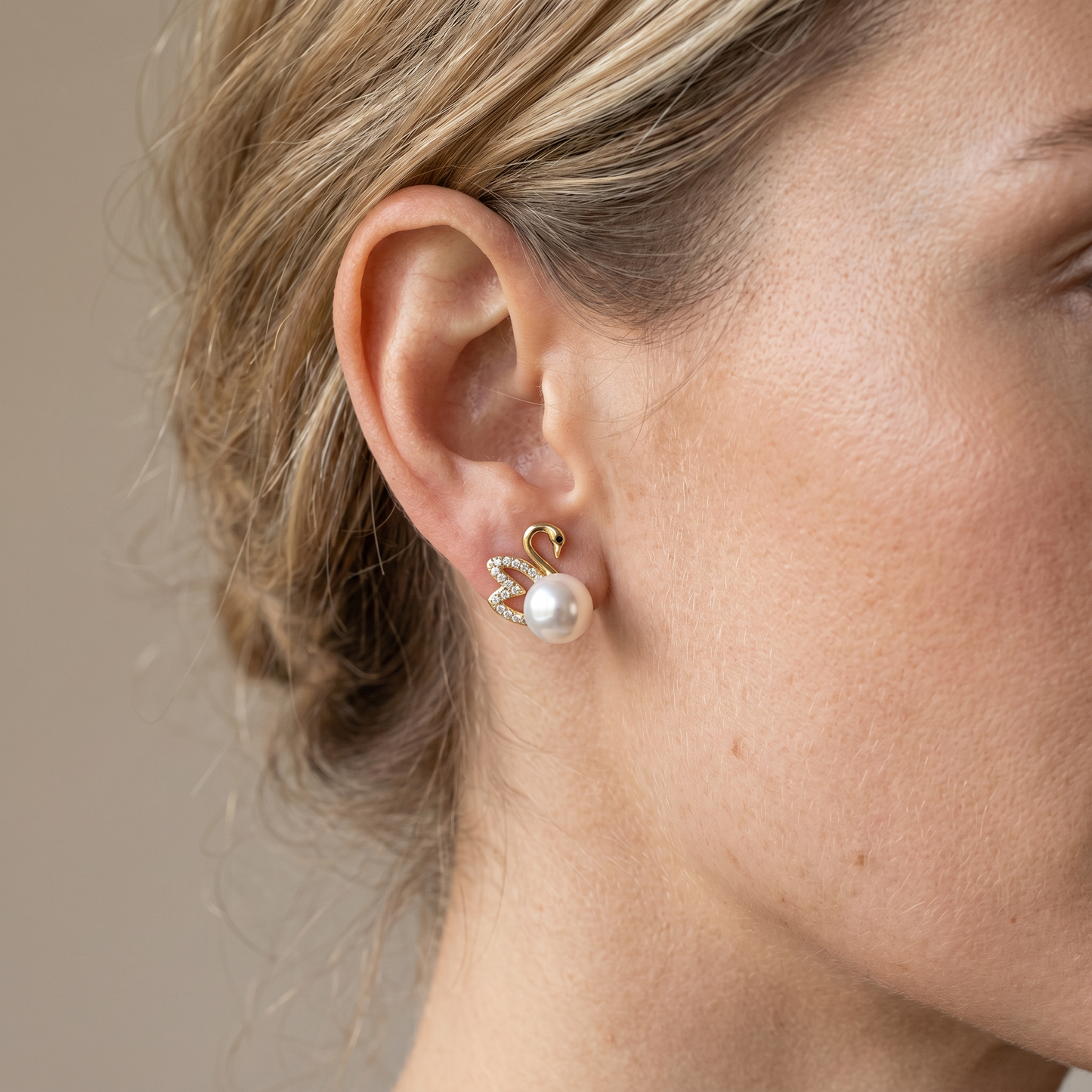 Gold Diamond Swan Earrings - Golden Swan Earrings with Pearl