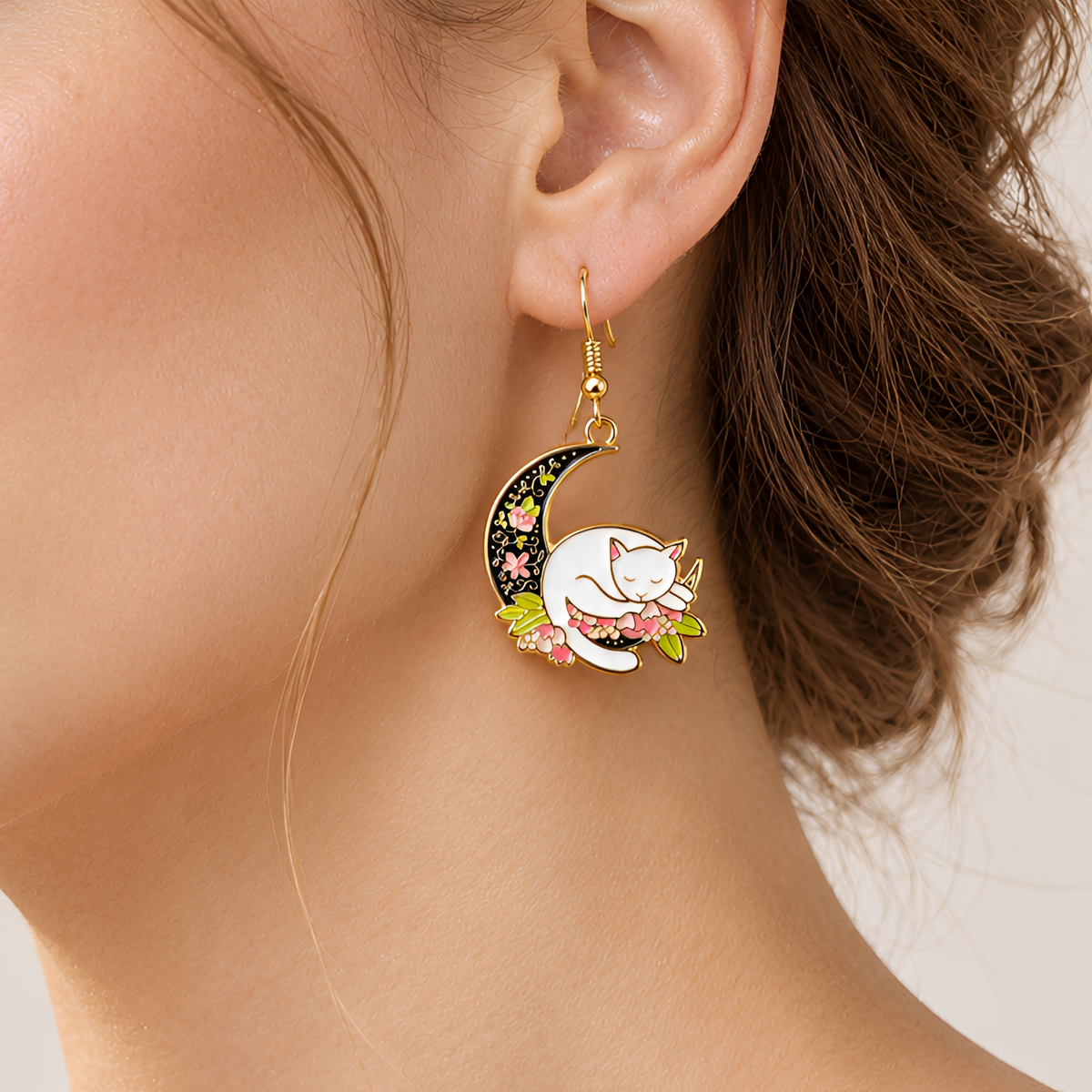 Ladies Earrings with Cat on Half Moon - Pair