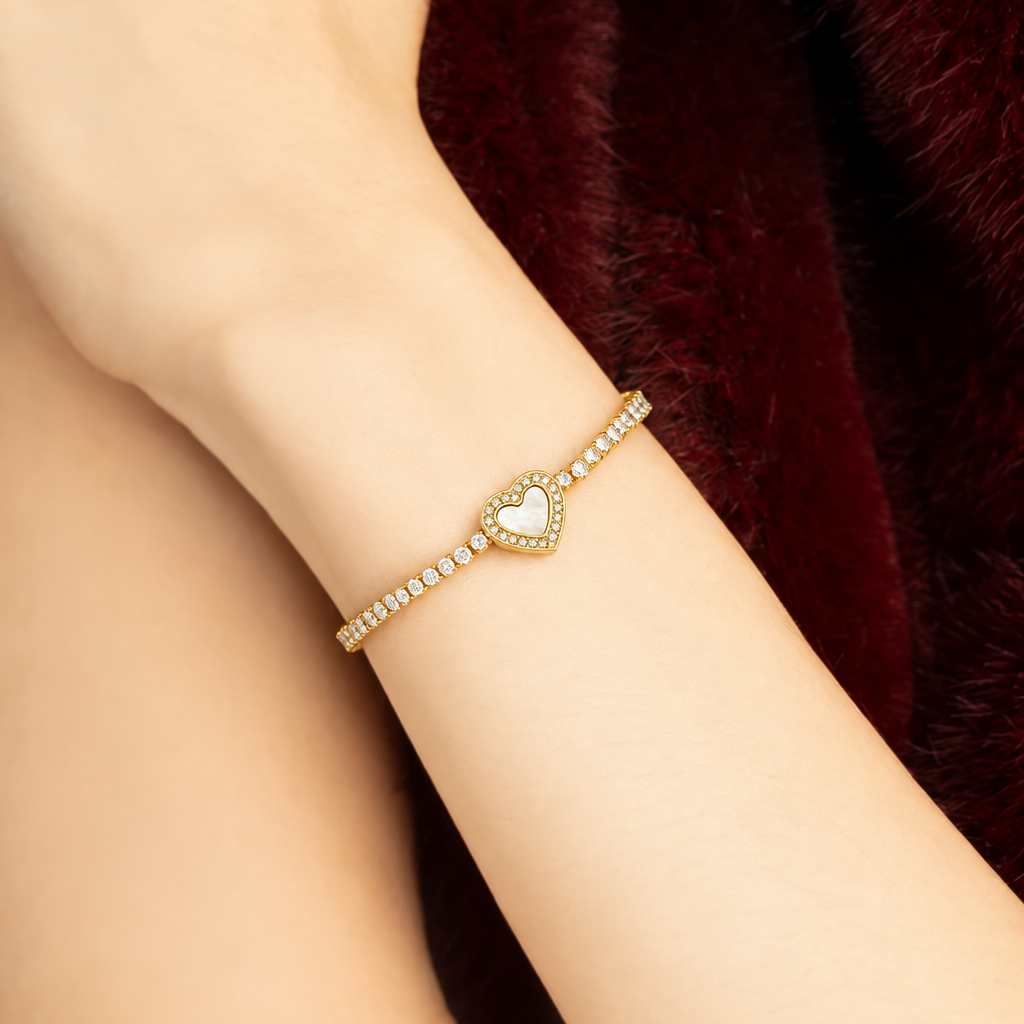 Women’s Heart Bracelet with Continuous Stone Setting and Central Heart Motif