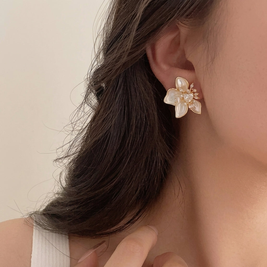 Women's Ear Studs in Flower Shape with Heart Detail and Pearl-like Petals