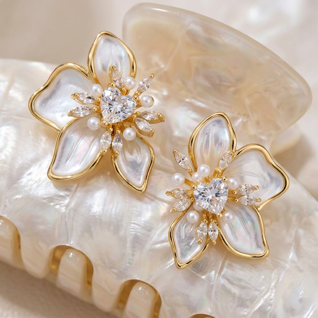Women's Ear Studs in Flower Shape with Heart Detail and Pearl-like Petals