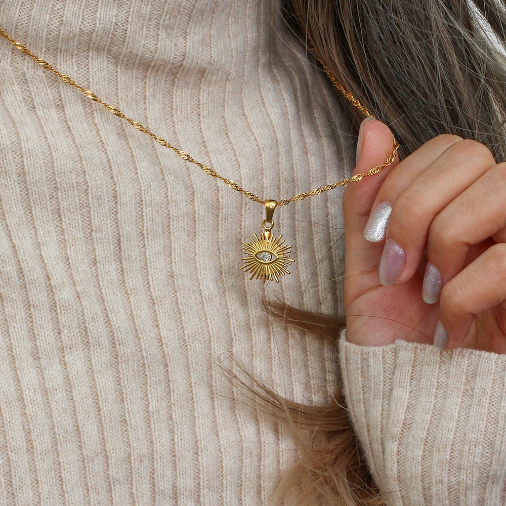 Women's Pendant Necklace with Eye Motif and Sunray Design