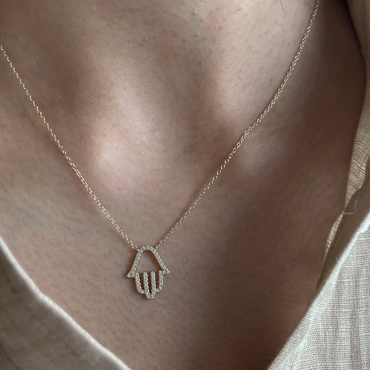 Women’s Hamsa Pendant Necklace with Open Hand Motif and Stone Accents