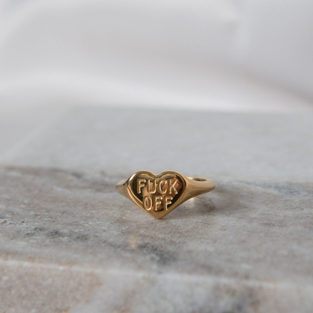 Women’s Heart Signet Ring with "FUCK OFF" Engraving