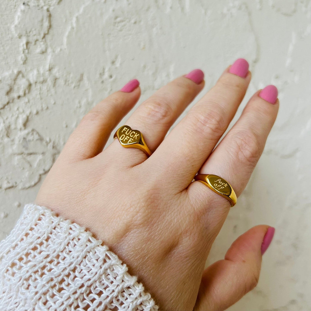 Women’s Heart Signet Ring with "FUCK OFF" Engraving