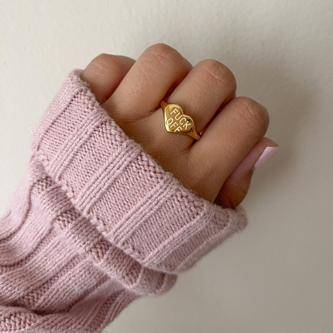 Women’s Heart Signet Ring with "FUCK OFF" Engraving