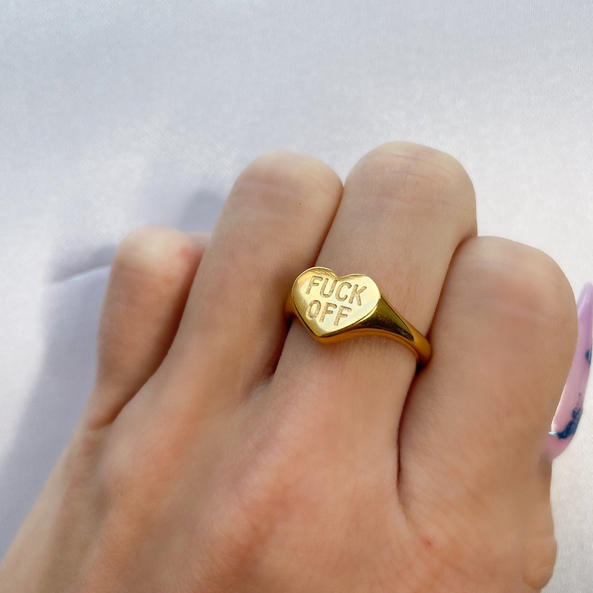 Women’s Heart Signet Ring with "FUCK OFF" Engraving