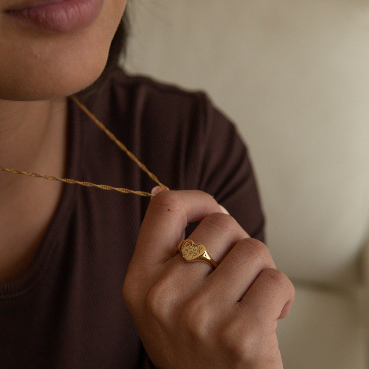 Women’s Heart Signet Ring with "FUCK OFF" Engraving