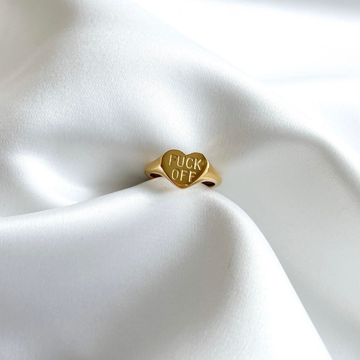 Women’s Heart Signet Ring with "FUCK OFF" Engraving