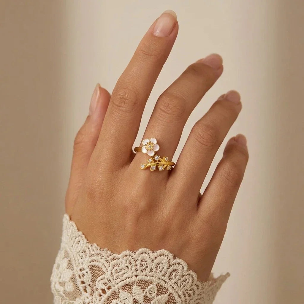 Women’s Adjustable Ring with Flower Motif and Multiple Stone Accents
