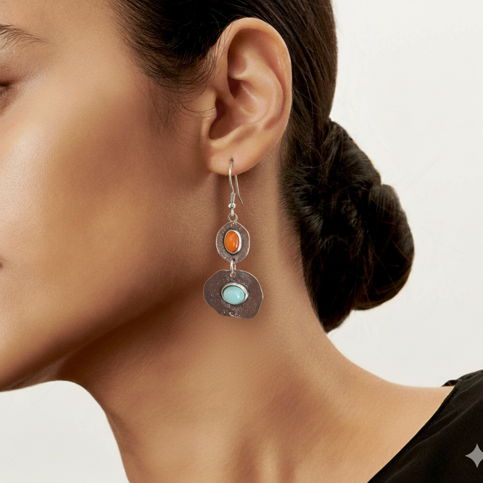 Women’s Drop Earrings with Organic Round Shapes and Oval Stone Accents