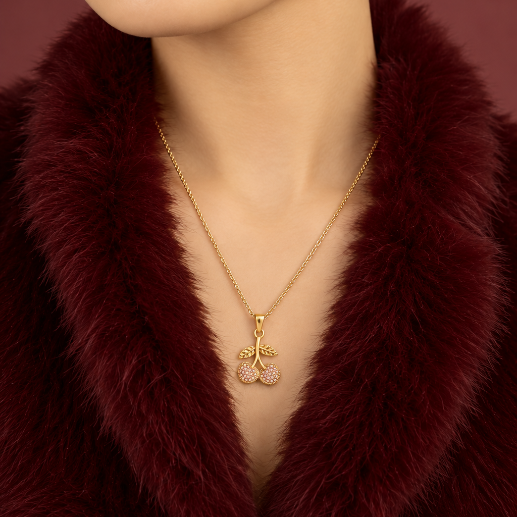 Women's Cherry Pendant Necklace with Double Fruit Motif and Pavé Stone Setting