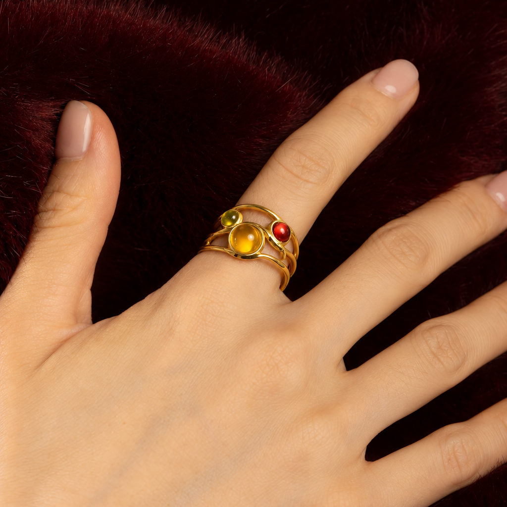 Women’s Open Statement Ring with Three Cabochon Stone Details and Curved Orbit Design