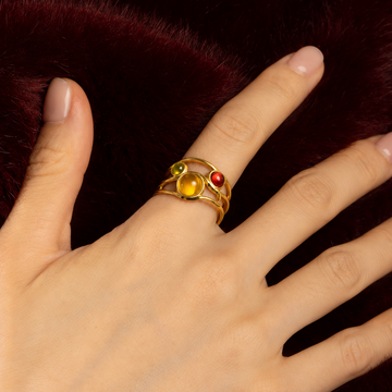 Women’s Open Statement Ring with Three Cabochon Stone Details and Curved Orbit Design