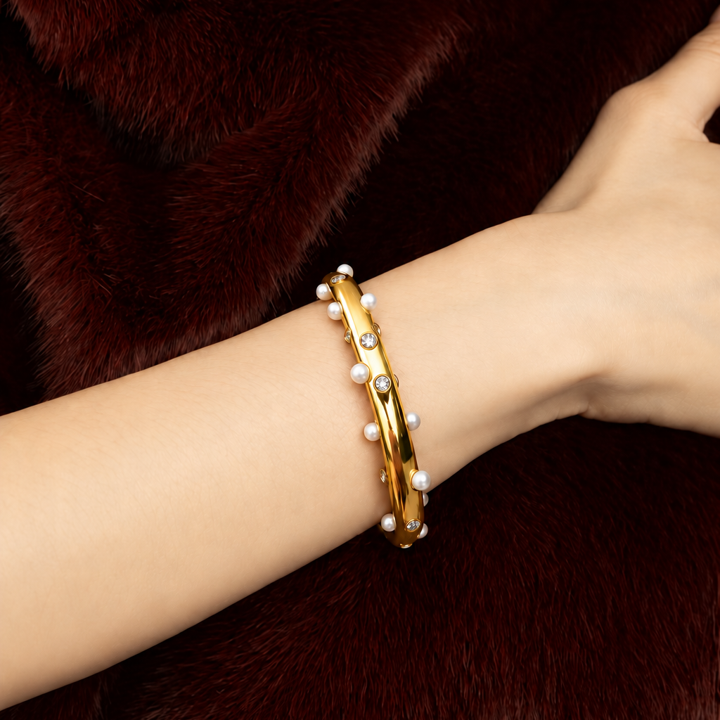 Women's Open Bracelet with Double Band Design, Pearl Details and Stone Accents
