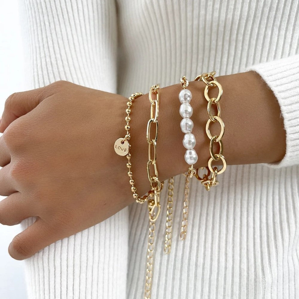 3-piece gold pearl bracelet - large chain set