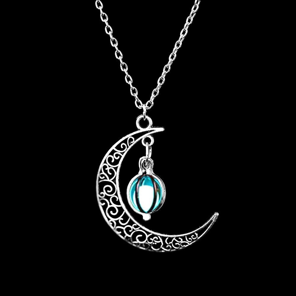 Women’s Moon Pendant Necklace with Glowing Round Center and Crescent Moon Design