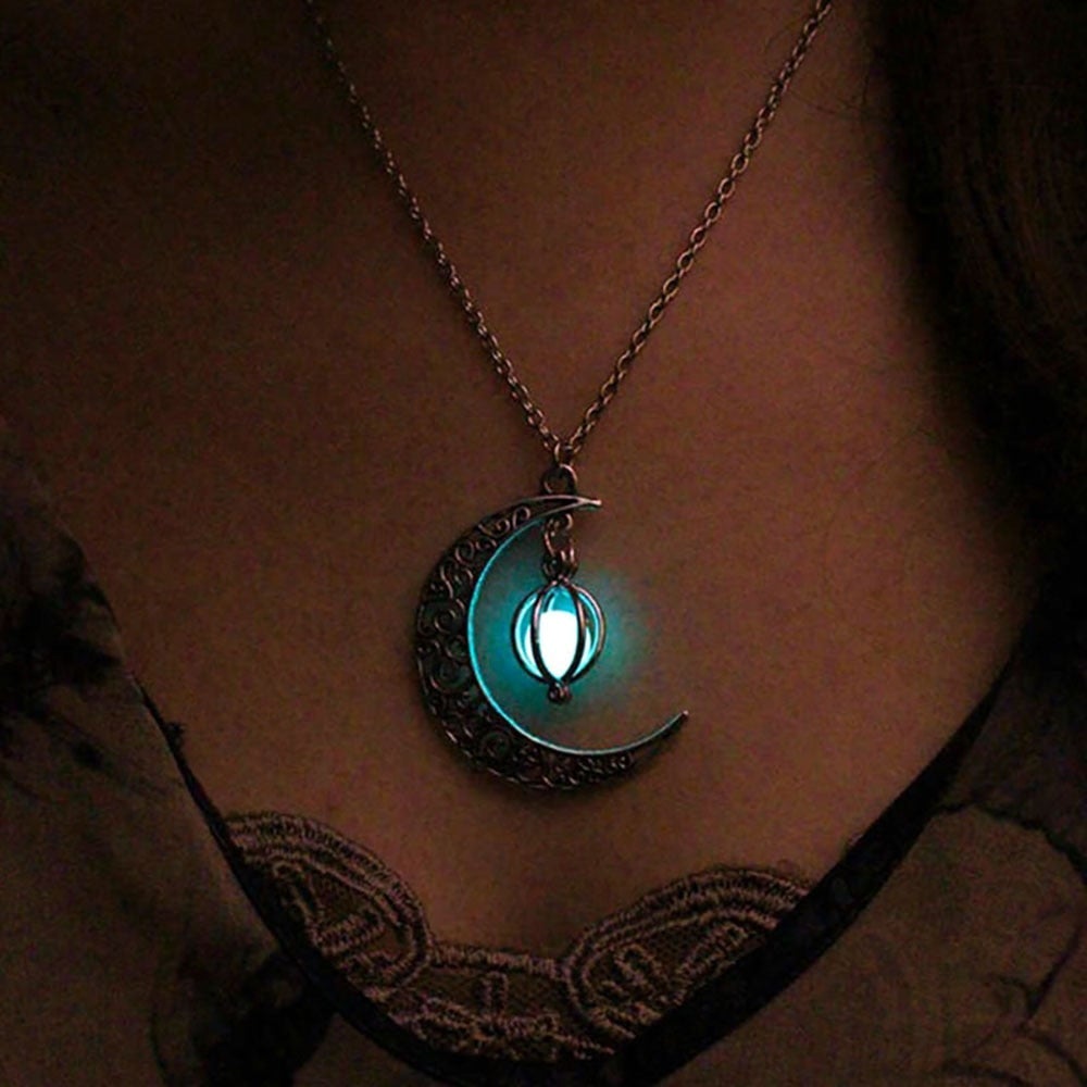 Women’s Moon Pendant Necklace with Glowing Round Center and Crescent Moon Design