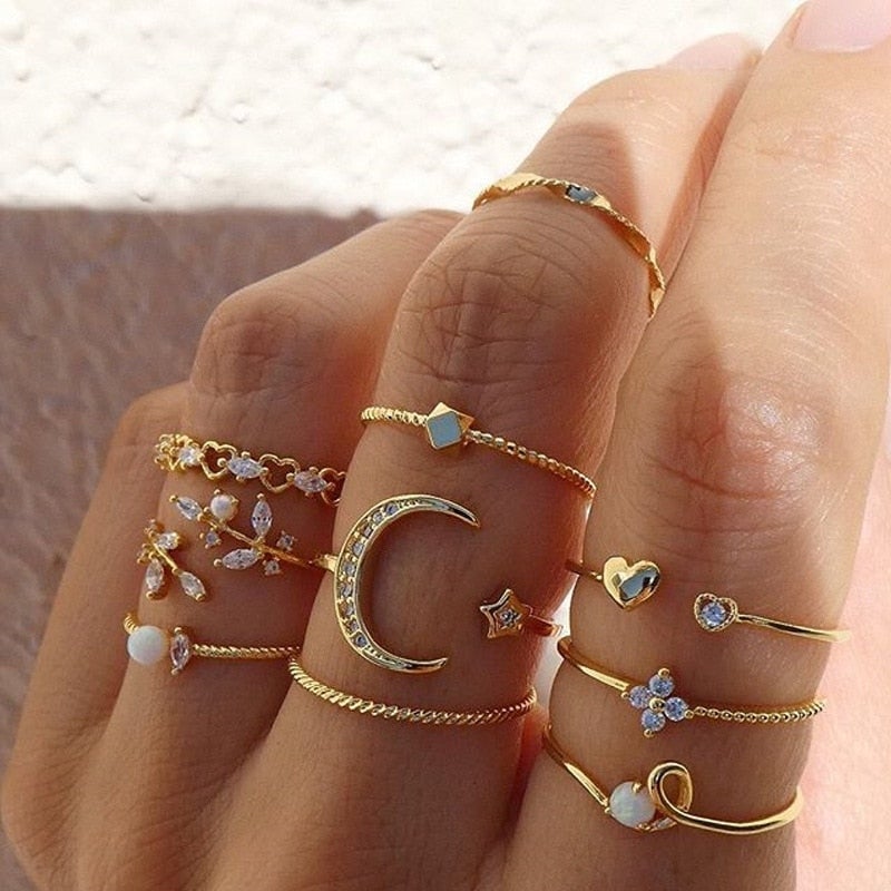 Anne – Set of 10 boho rings in gold and silver
